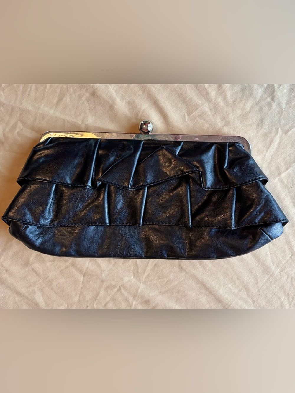 Candie's Vintage Black Ruffle Frame Clutch with Hot Pink Interior